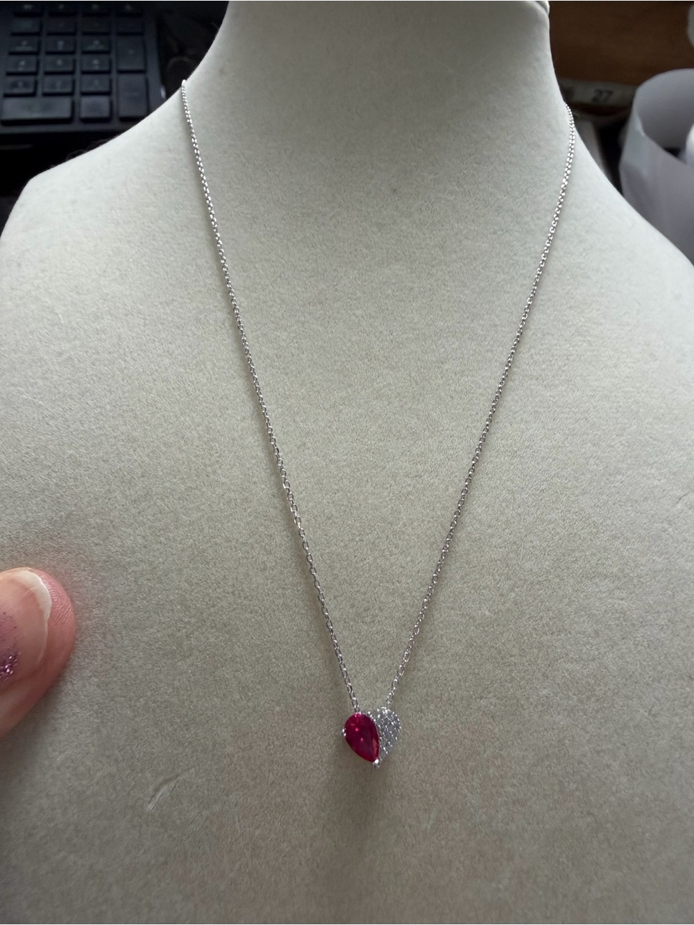 Sterling Silver Heart Pendant Necklace with Pinkish red  Crystal heart